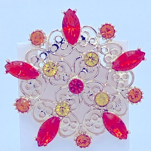Vintage Emmons Orange, Red And Yellow Rhinestone Brooch Glows Under Black Light - Picture 8 of 8